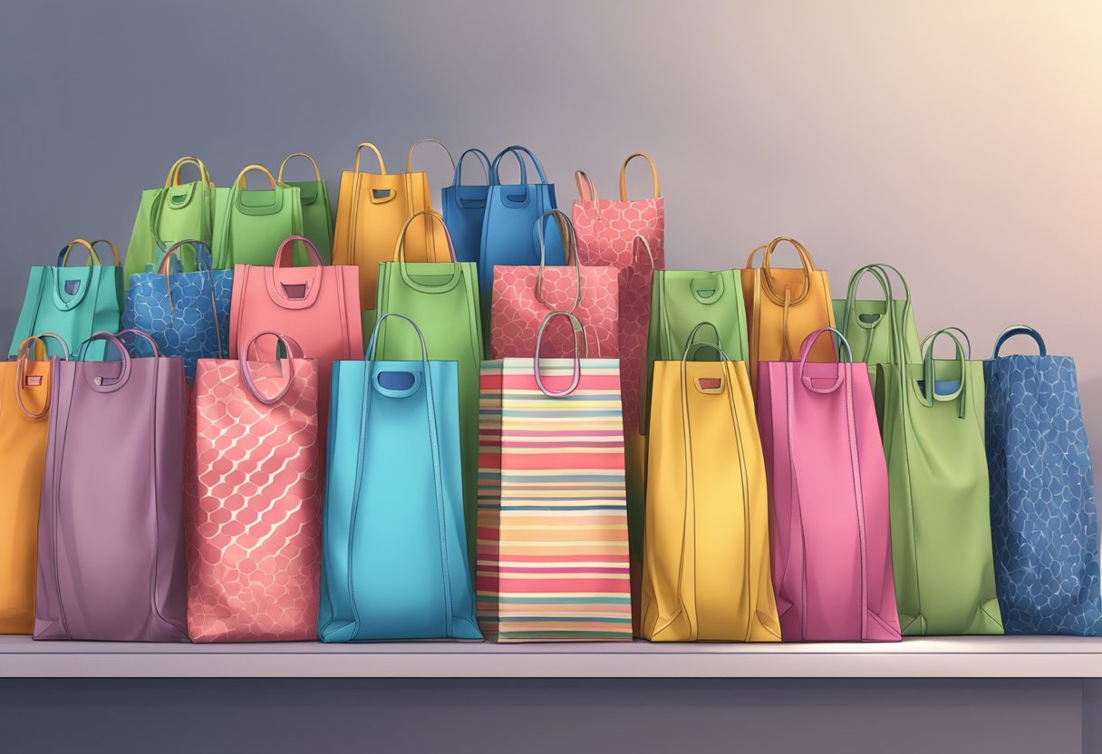 A stack of colorful printed foldable bags arranged on a display table