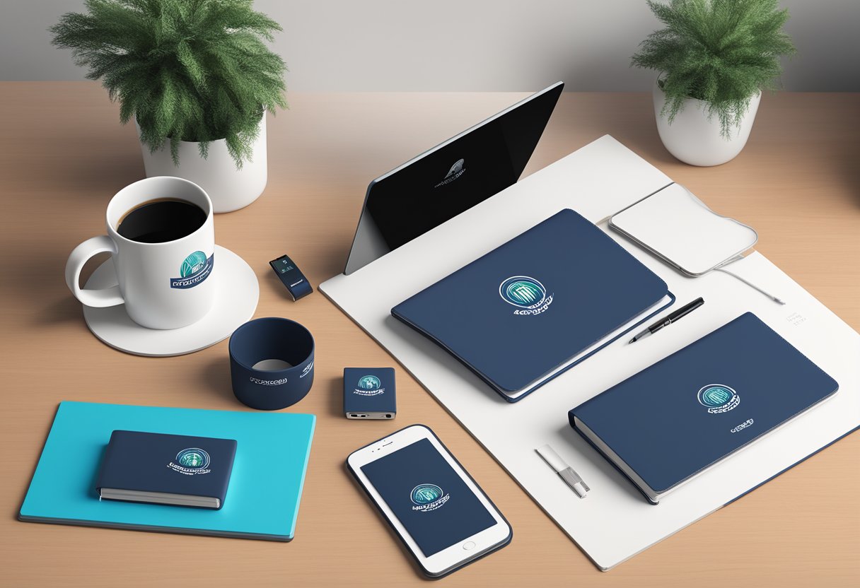 A sleek corporate gift display featuring branded items like mugs, notebooks, and USB drives, arranged on a modern desk with the company logo prominently displayed