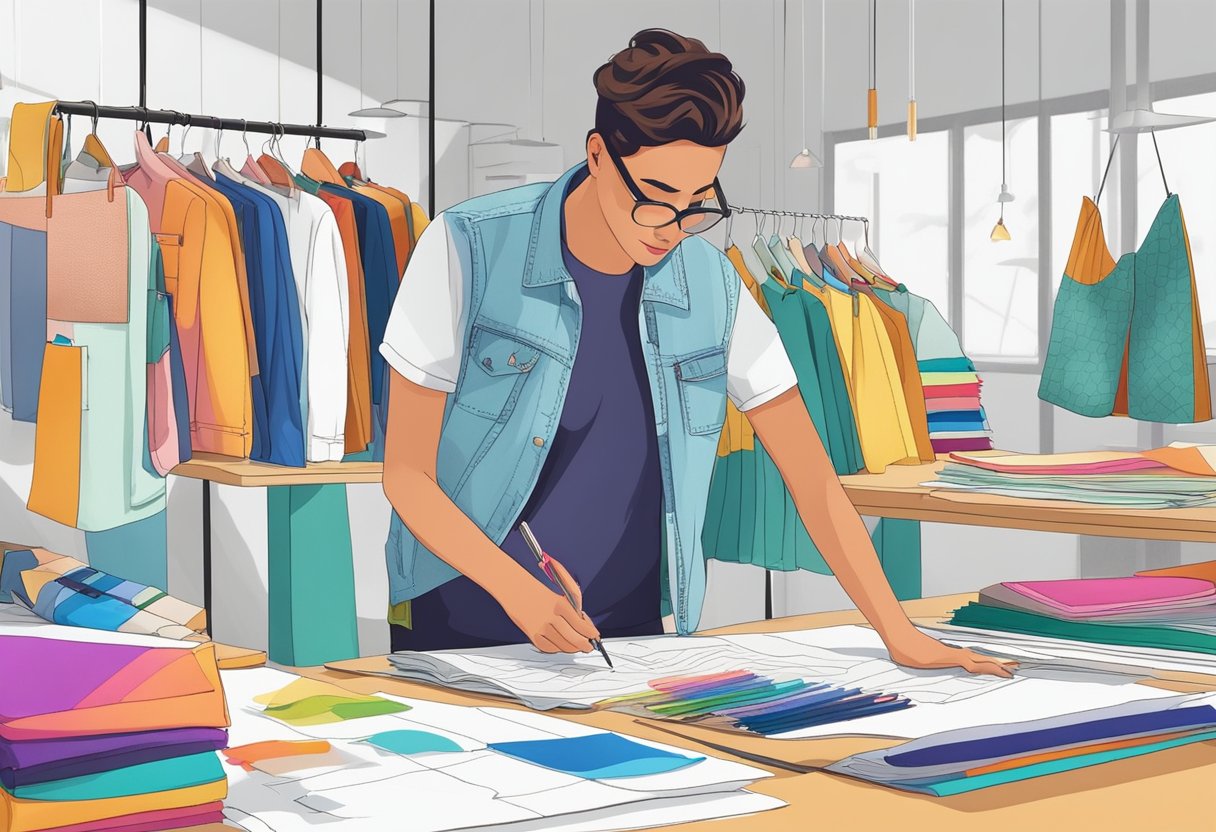 A designer customizes a printed foldable bag with vibrant colors and patterns. Tables are filled with fabric swatches and design sketches