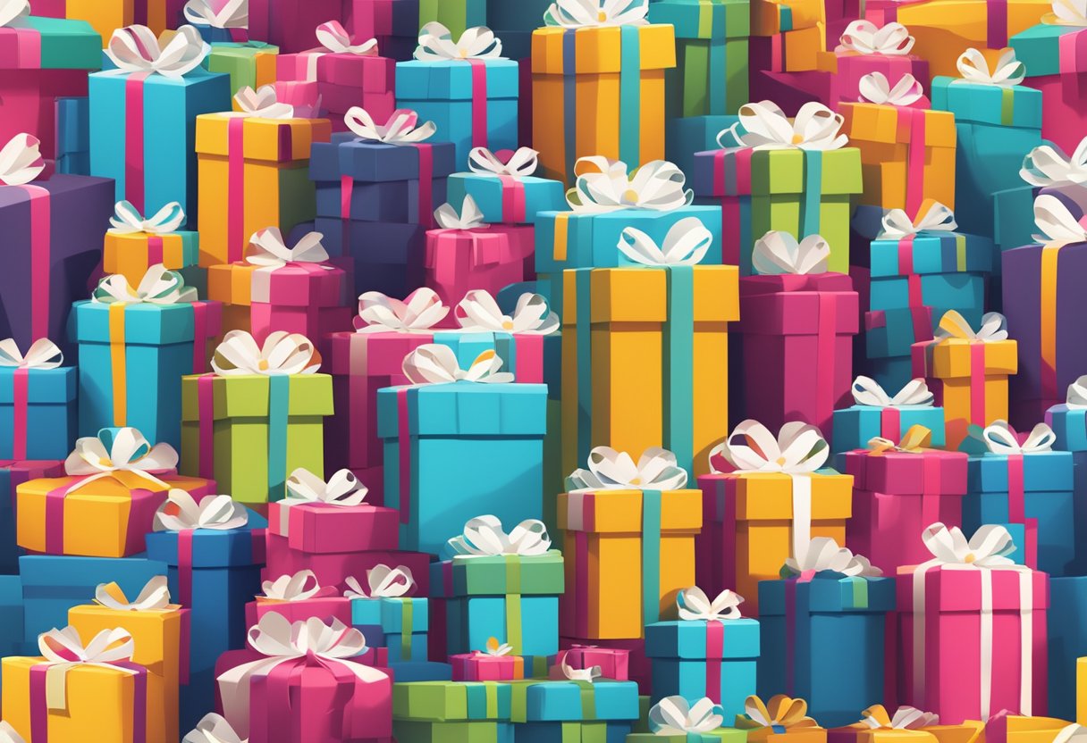 A stack of gift boxes with the company's logo on them, surrounded by question marks and a "FAQ" sign