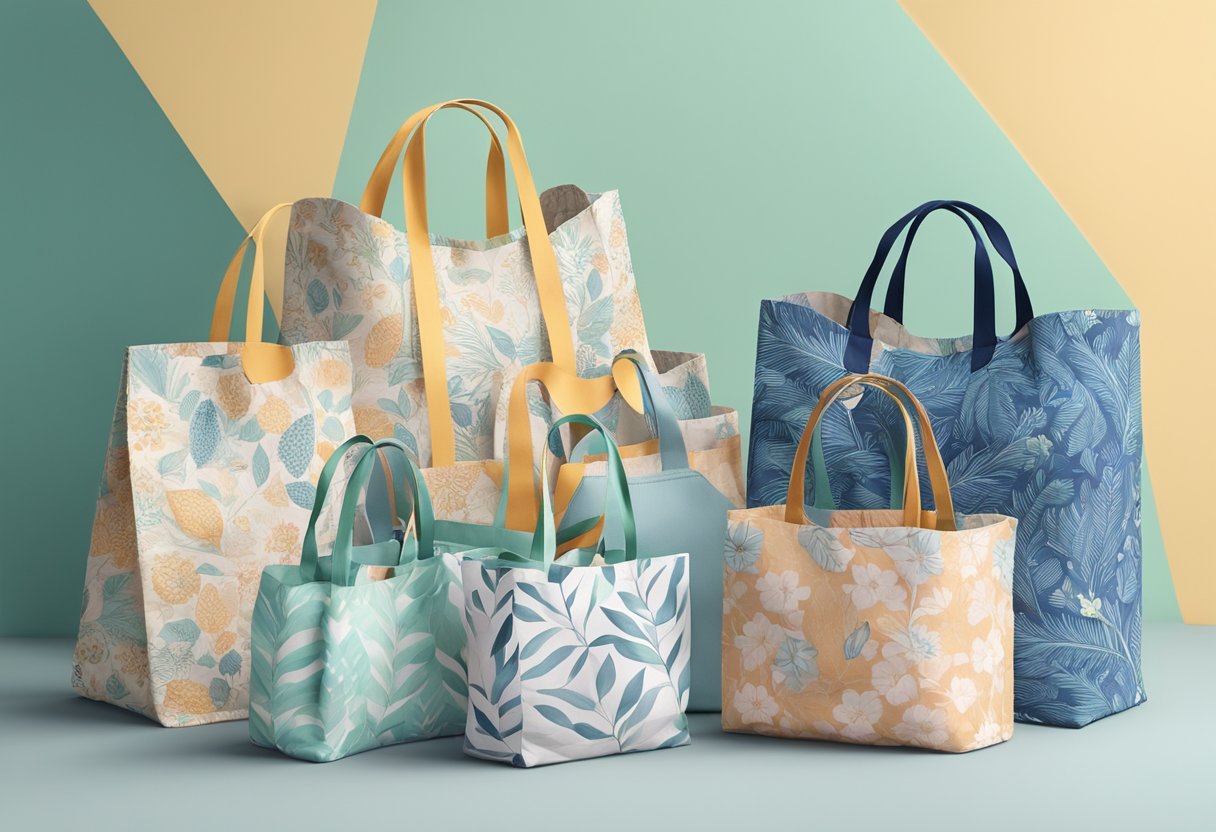 A variety of foldable bags displayed with different prints and patterns, showcasing their versatility and practical uses for shopping and travel