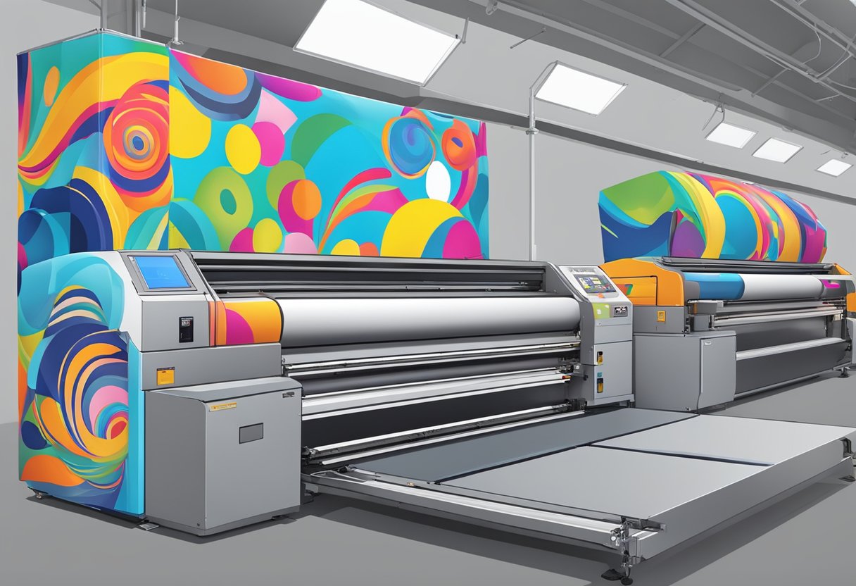 Colorful goodie bags being printed on a large industrial printer, with vibrant designs and logos being transferred onto the bags