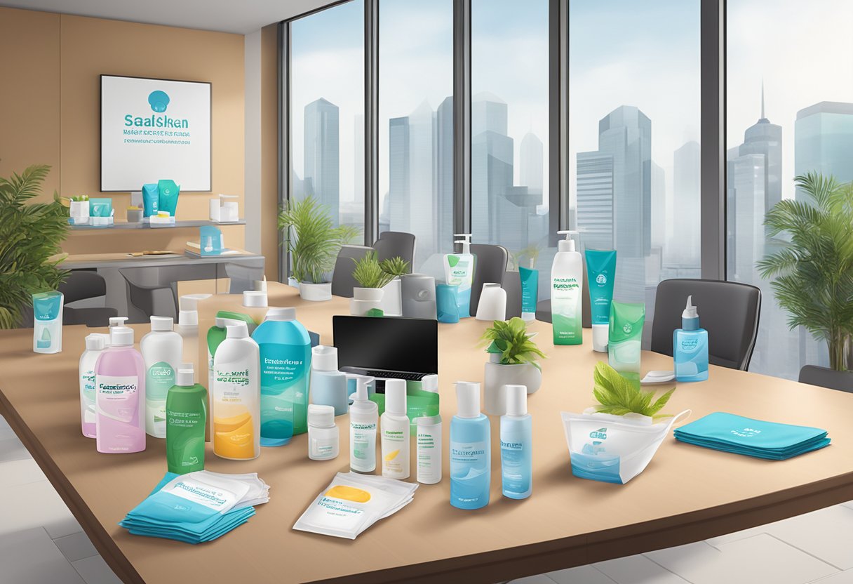 A table with branded face masks, hand sanitizers, and wellness kits displayed in a corporate office setting