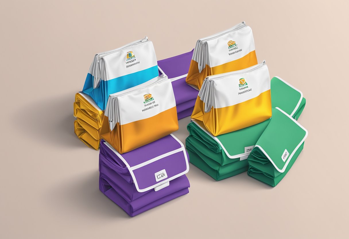 A stack of foldable bags with "Frequently Asked Questions" printed on them
