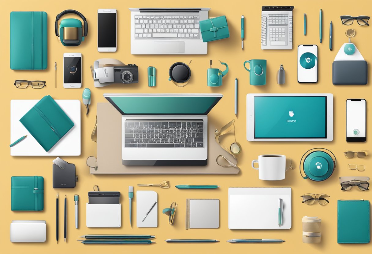 A table covered with various unique corporate gift items such as personalized tech gadgets, stylish stationery, and elegant drinkware