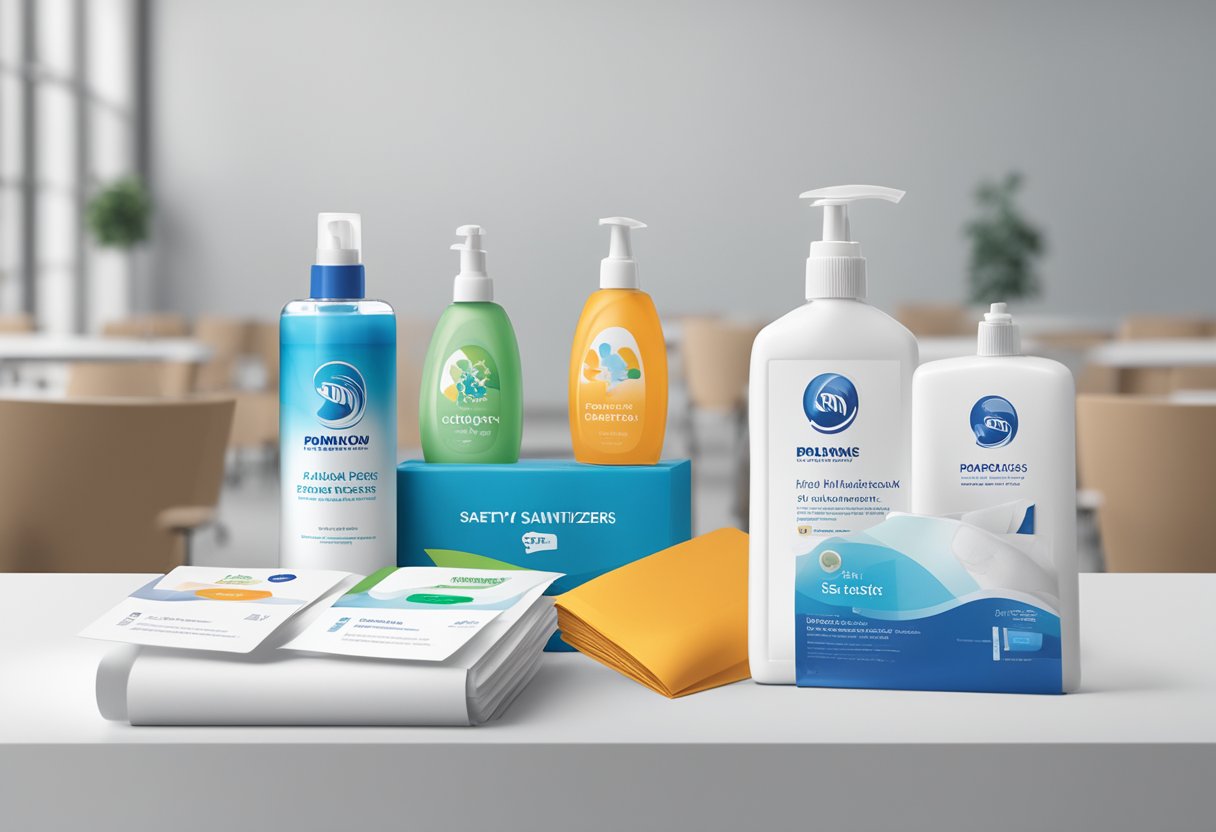 A table with branded hand sanitizers, face masks, and safety pamphlets. A corporate logo is displayed prominently