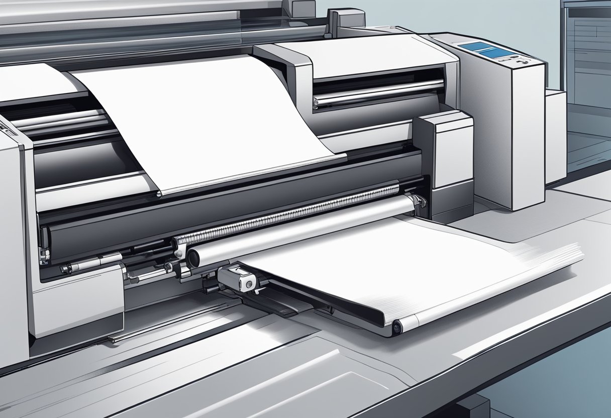 A printer is producing a notebook, with paper feeding through rollers and ink being applied to the pages