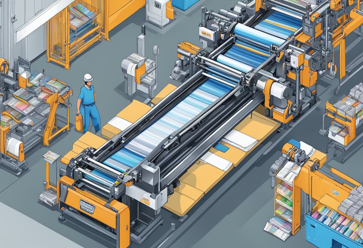 A printing press in action, producing goodie bags with colorful designs and logos. Machinery and conveyor belts are busy at work