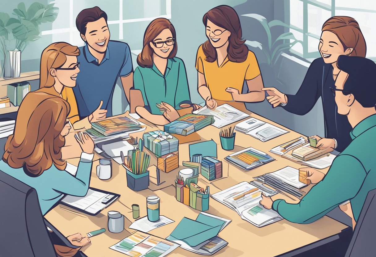 A group of employees gather around a table, excitedly discussing unique corporate gift ideas. A variety of innovative products and packaging are displayed, showcasing the company's commitment to memorable gifting