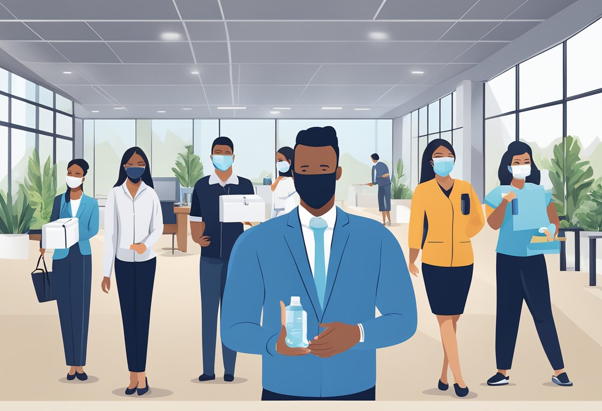A group of employees receive branded face masks, hand sanitizers, and safety kits as corporate gifts. The company logo is prominently displayed on each item