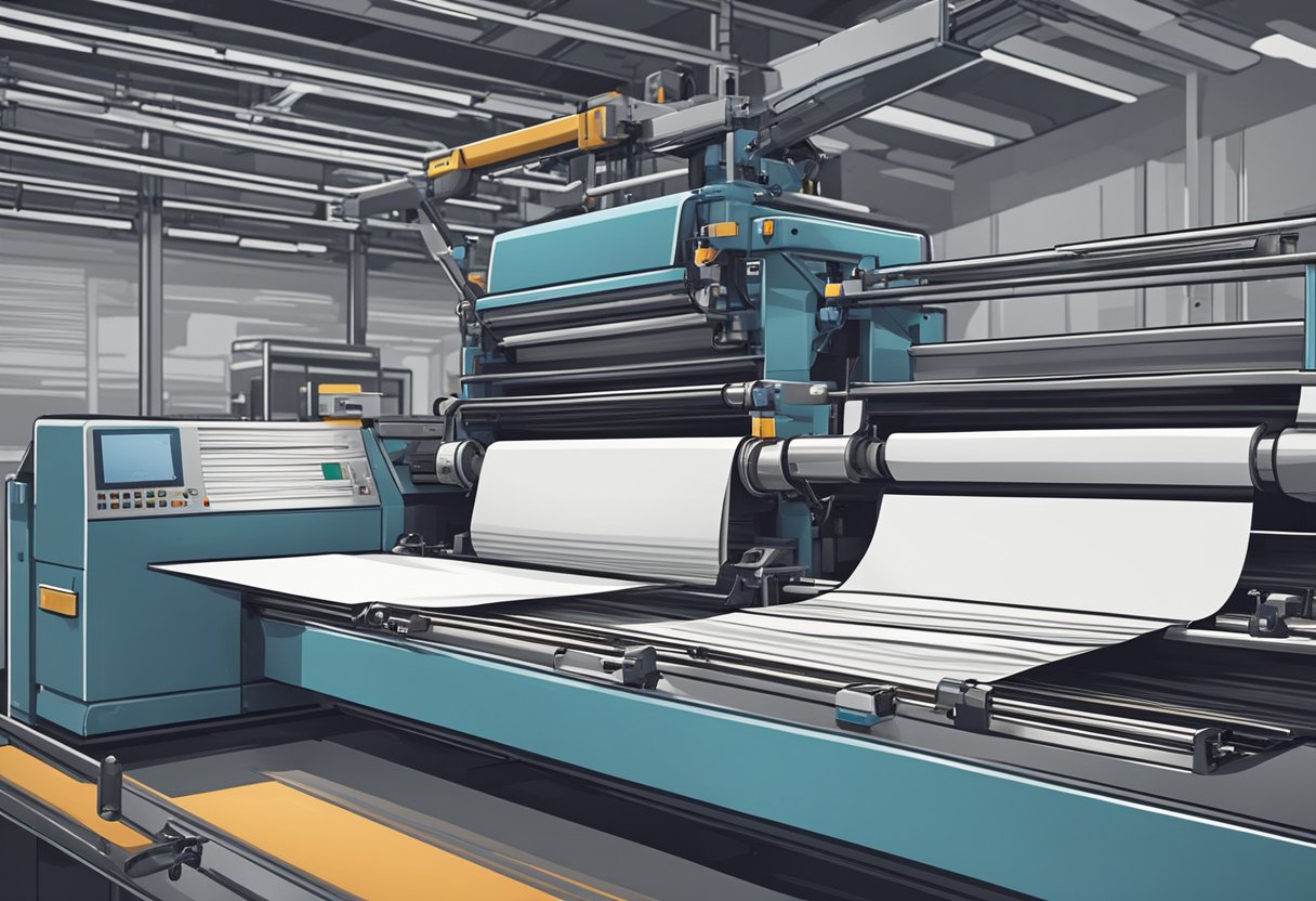 A printing press feeds paper into a notebook binding machine. Finished notebooks move along a conveyor belt towards packaging and distribution