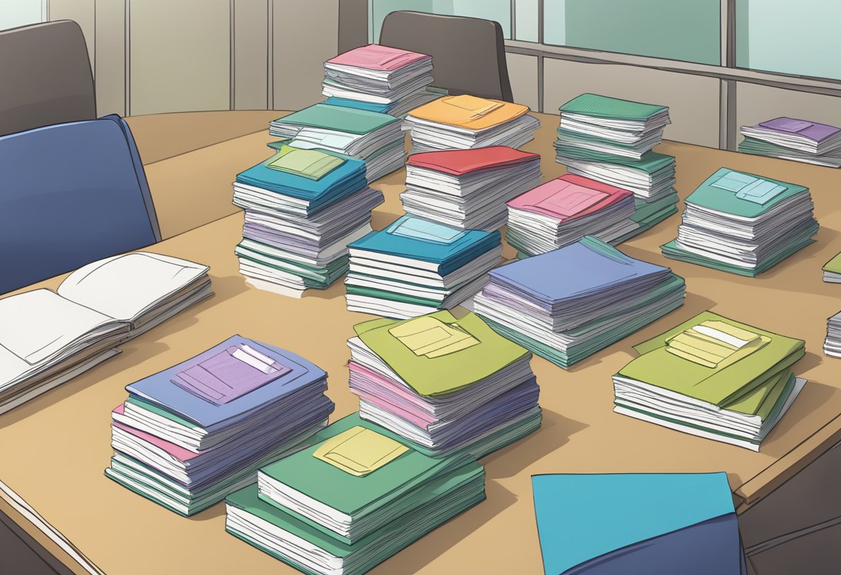 A table with a stack of pamphlets labeled "Frequently Asked Questions" on health safety and corporate gifts