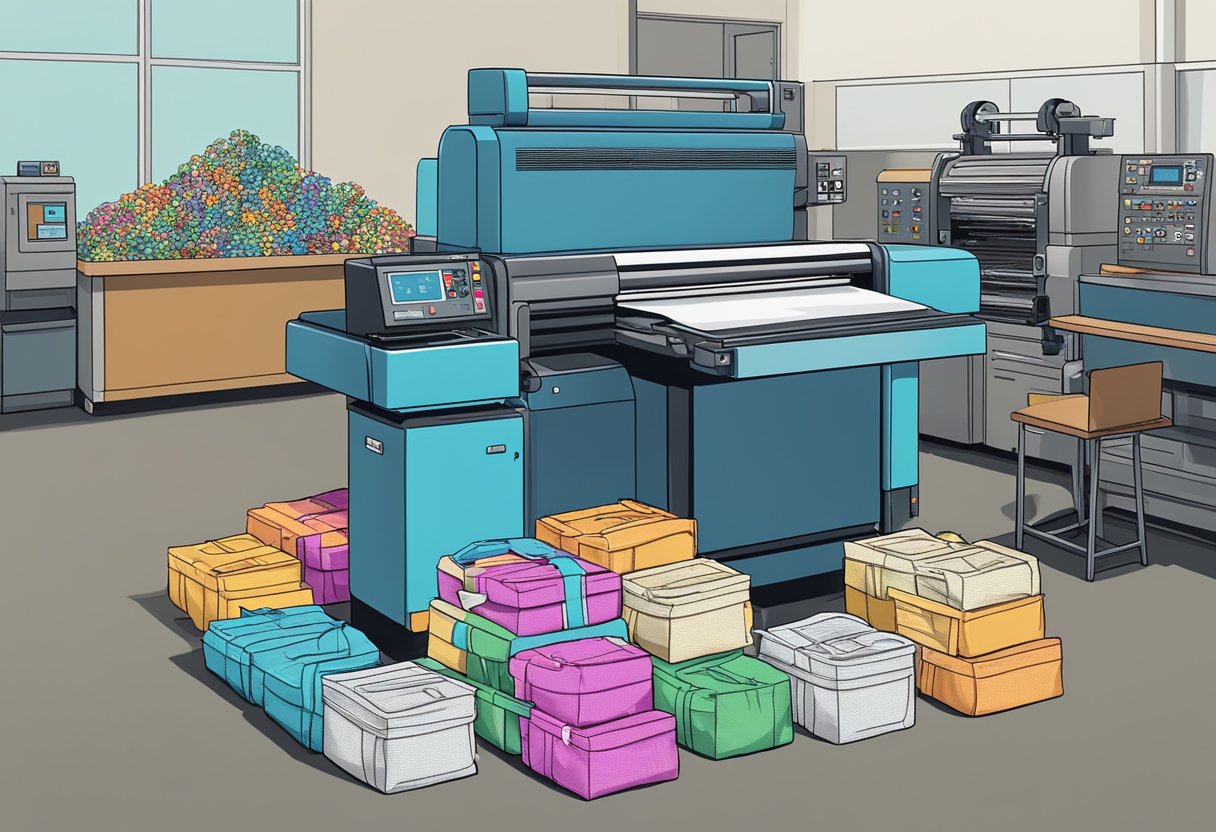 A stack of colorful goodie bags being printed with "Frequently Asked Questions" text and logo, surrounded by printing machinery and materials