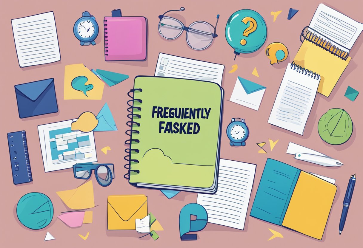 A notebook with "Frequently Asked Questions" printed on the cover, surrounded by various question marks and a stack of papers