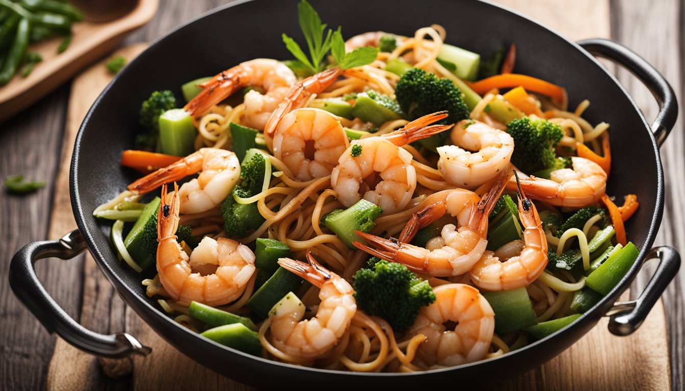 A wok sizzles as prawns, hokkien noodles, and stir-fry vegetables are tossed together. Soy sauce and sesame oil are added for flavor