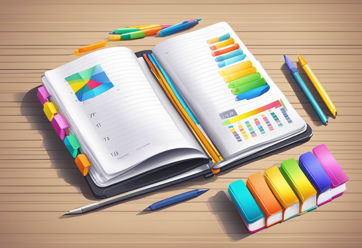 A year diary planner lies open on a desk, filled with colorful tabs and neatly written appointments