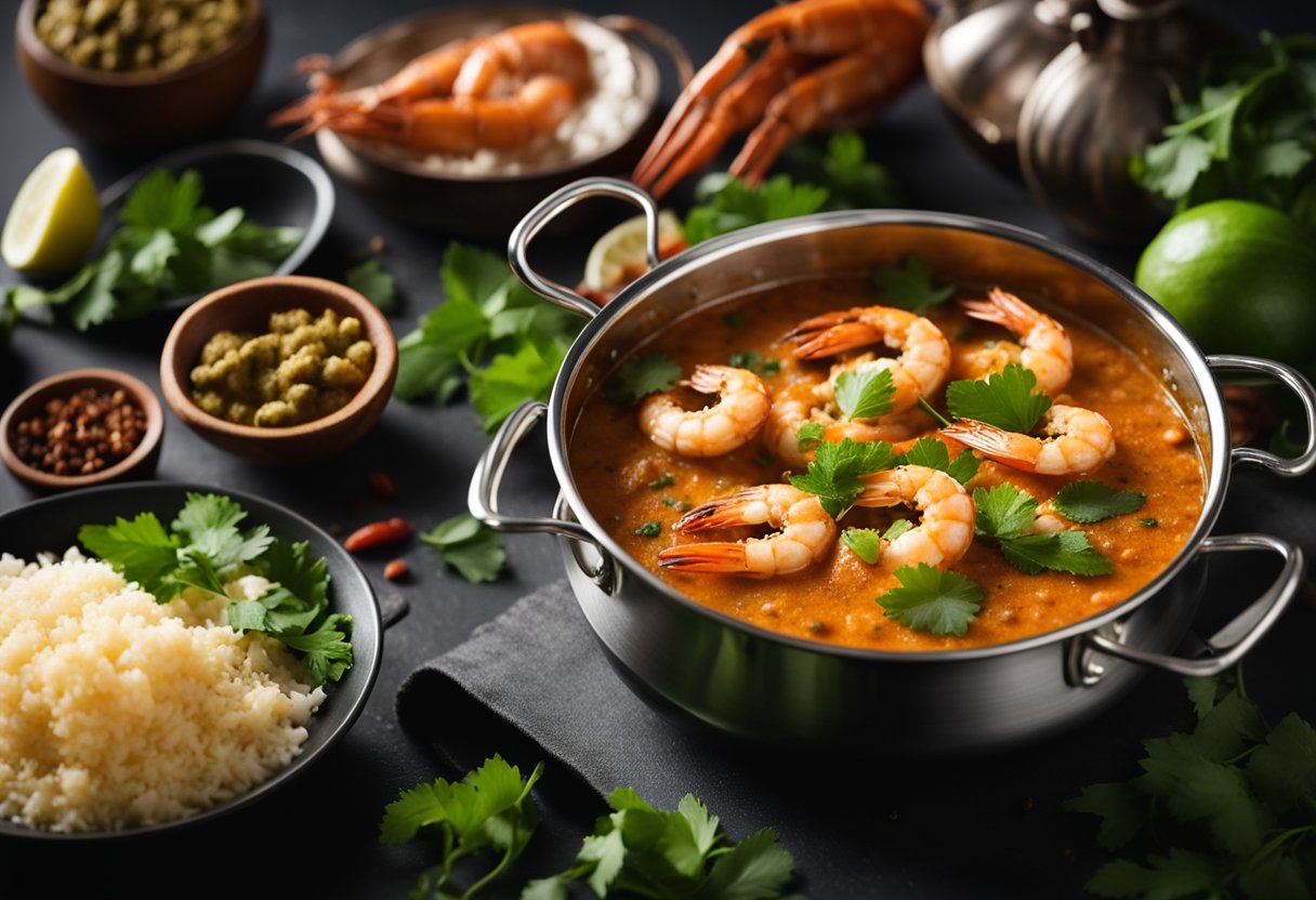 A steaming pot of prawn ghassi simmers on a stove, filled with aromatic spices and coconut milk. Chopped coriander and curry leaves sit nearby