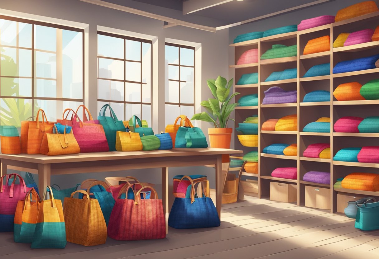 Colorful woven bags stacked on shelves, with natural light filtering in. Materials and tools scattered around the workspace