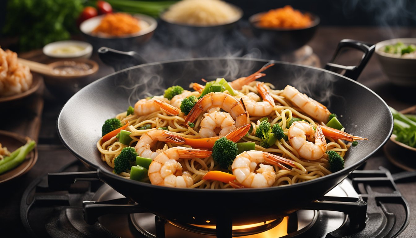 A wok sizzles as prawns and hokkien noodles are stir-fried with vegetables and sauce. Steam rises as the ingredients are tossed and cooked together