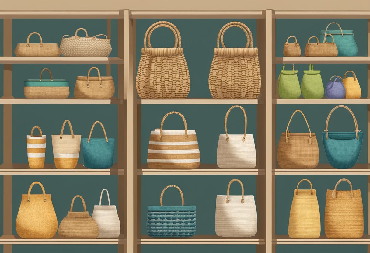 A variety of woven bags in different sizes and materials are displayed on shelves, including jute, cotton, and straw