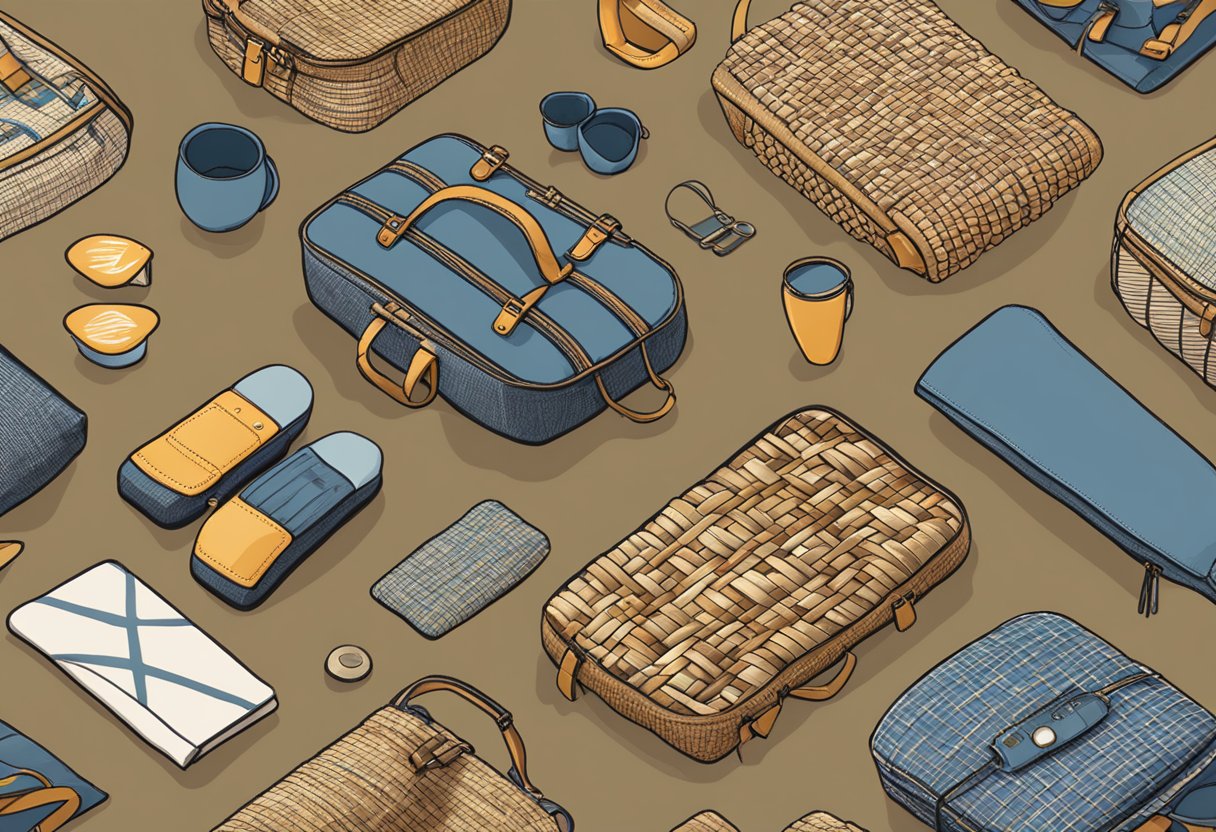 A table with various woven bag designs, materials, and customisation options displayed