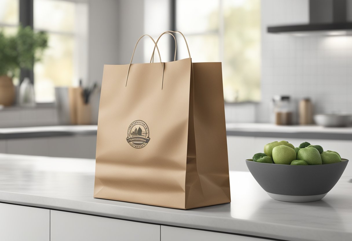 A premium paper bag sits on a clean, white countertop, its smooth surface catching the light and showcasing its high-quality material