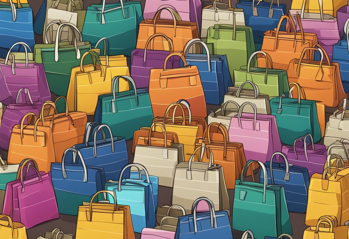 A stack of colorful woven bags with "Frequently Asked Questions" printed on them. Displayed in a neat and organized manner