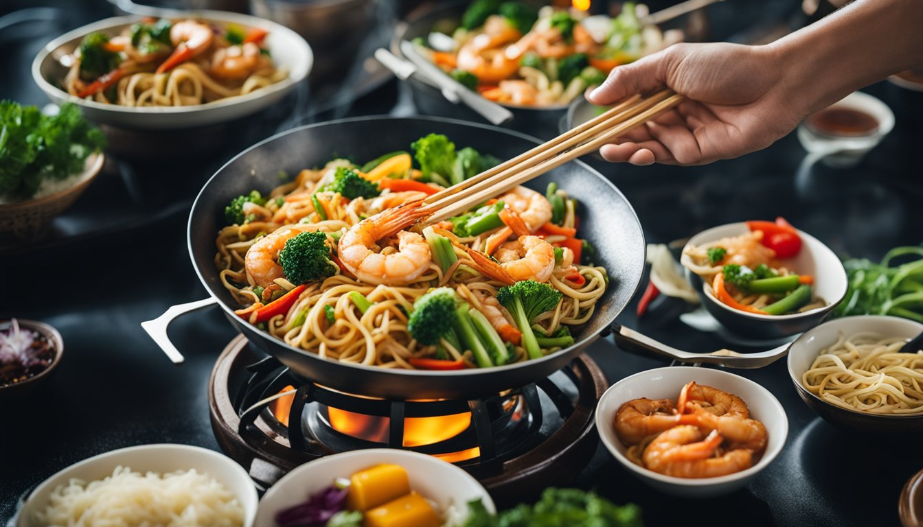 A sizzling wok filled with prawn hokkien noodle stir fry, steam rising, vibrant colors of vegetables, and the aroma of Asian spices filling the air