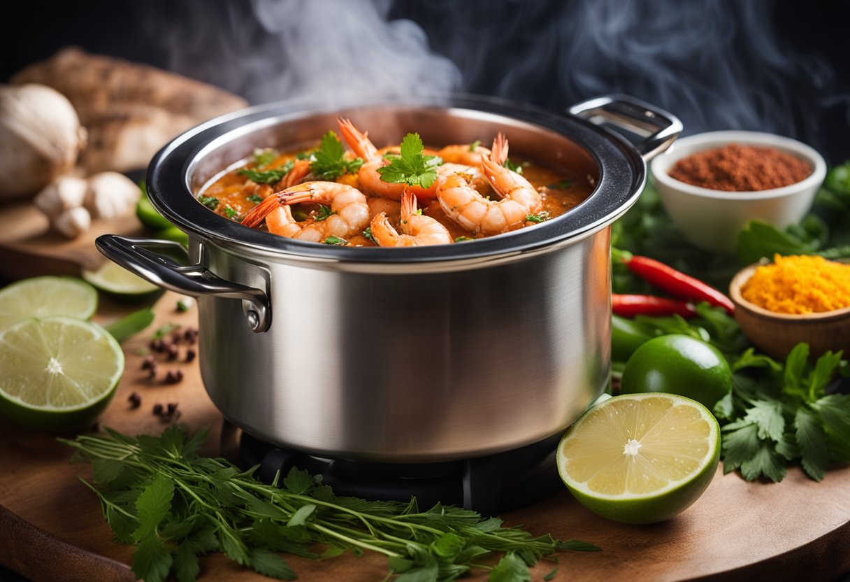 A steaming pot of prawn ghassi simmers on a stove, surrounded by vibrant spices and fresh herbs. A coconut aroma fills the air