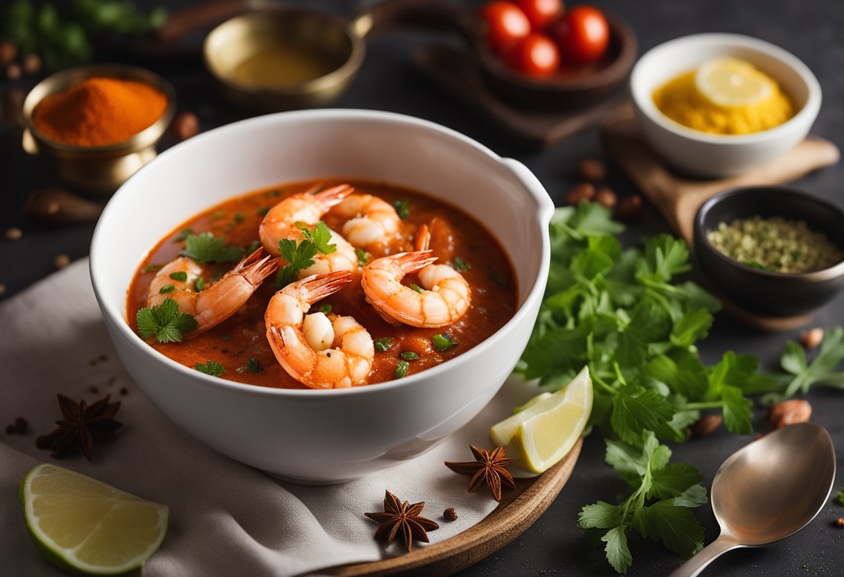 A steaming bowl of prawn ghassi surrounded by fragrant spices and herbs. A spoon rests on the edge of the bowl, steam rising from the rich, red sauce