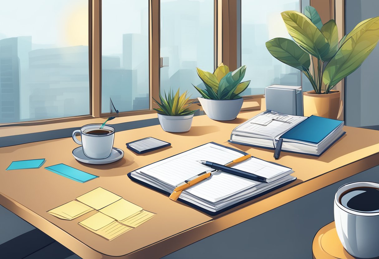 A desk with a year diary planner, pen, and sticky notes. A cup of coffee sits nearby. The desk is neat and organized, with a window in the background