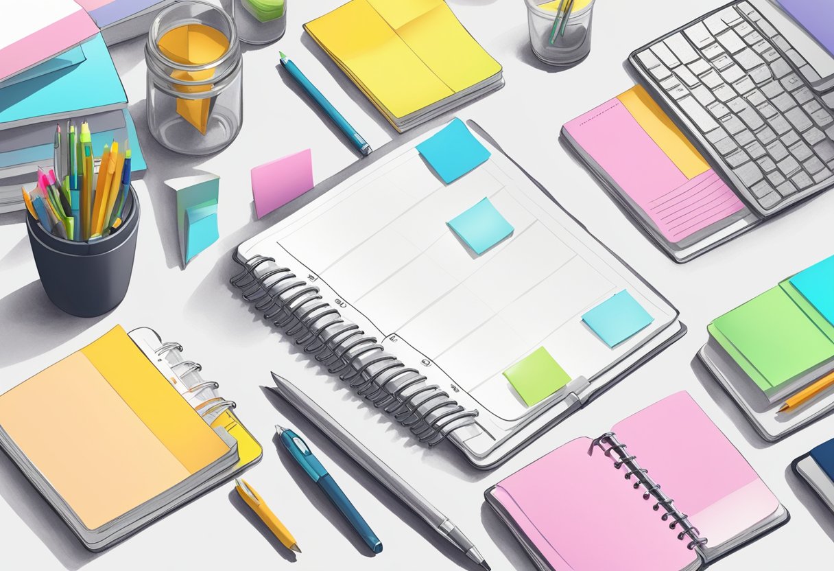 A desk with a sleek, modern planner open to a monthly spread, surrounded by pens, highlighters, and sticky notes