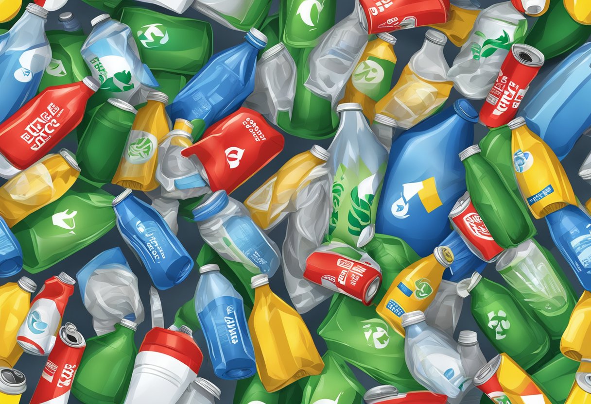 A recycle bag overflowing with plastic bottles, paper, and cans. A recycling symbol is printed on the front