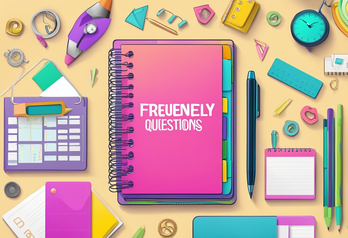 A diary planner with "Frequently Asked Questions" printed on the cover, surrounded by colorful stationery and a pen