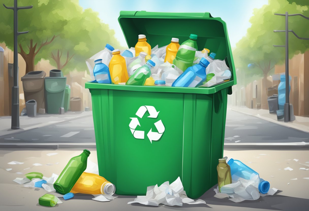 A recycle bag filled with plastic bottles and paper, surrounded by overflowing trash bins