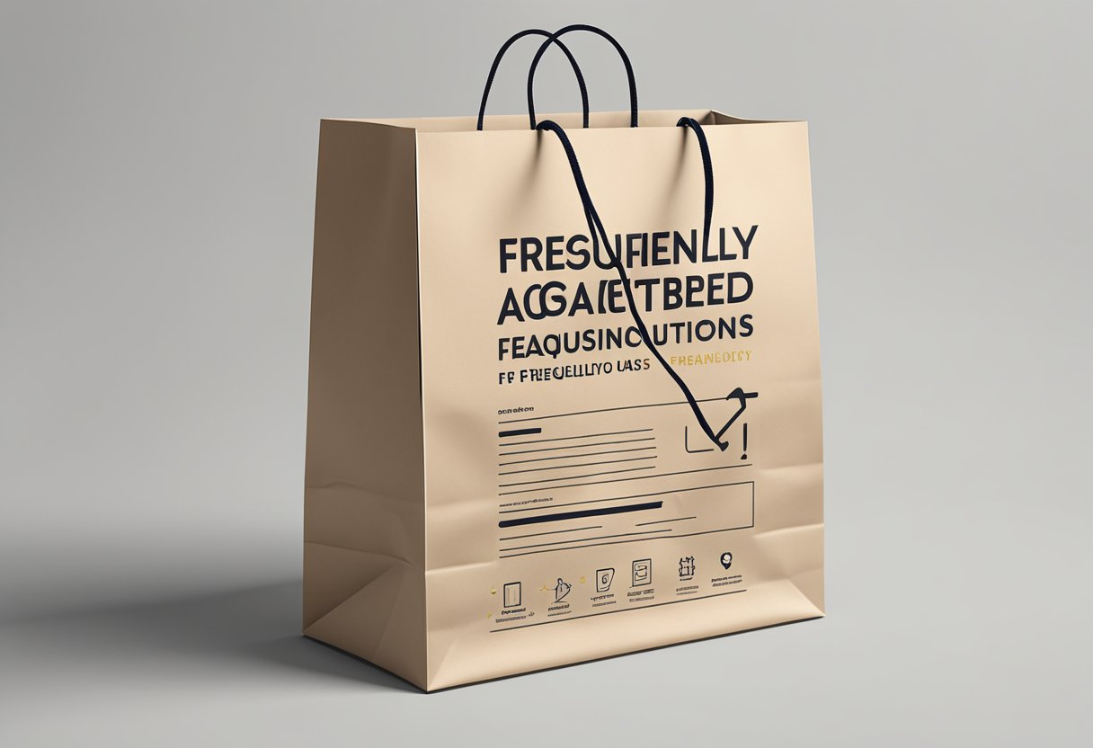 A premium paper bag with "Frequently Asked Questions" printed on it, sitting on a clean, white surface
