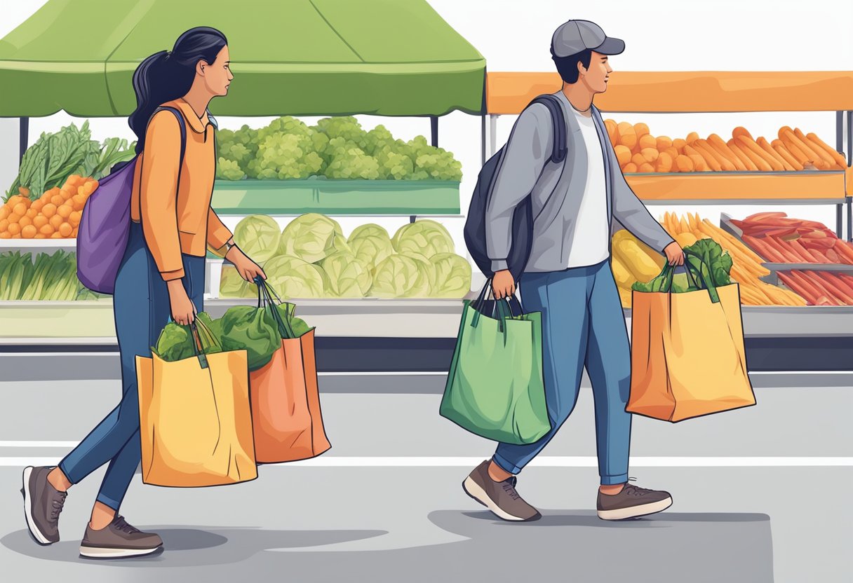 People using reusable bags for shopping, bringing them to the grocery store, farmers market, and using them for carrying items in daily life