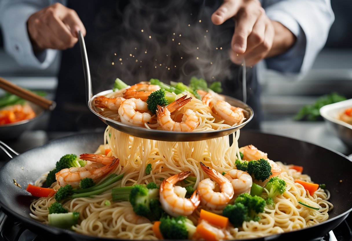 A sizzling wok tosses prawns, noodles, and vegetables in a fragrant sauce. Steam rises as the ingredients are expertly combined over high heat