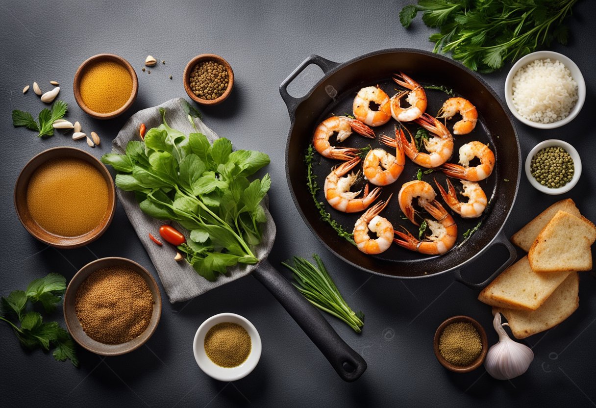 Fresh prawns sizzling in a pan with aromatic spices and herbs being added for a flavorful masala sauce