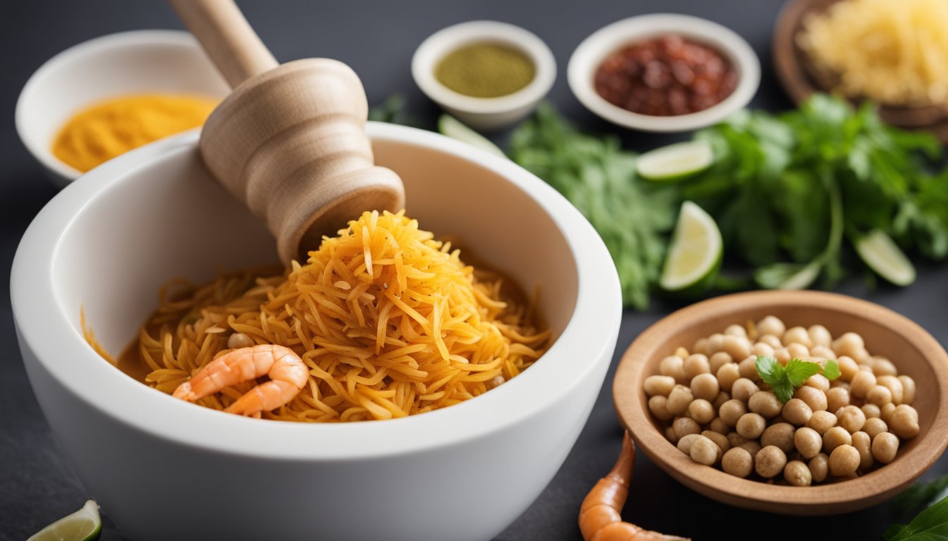 A mortar and pestle crushes spices for prawn laksa paste