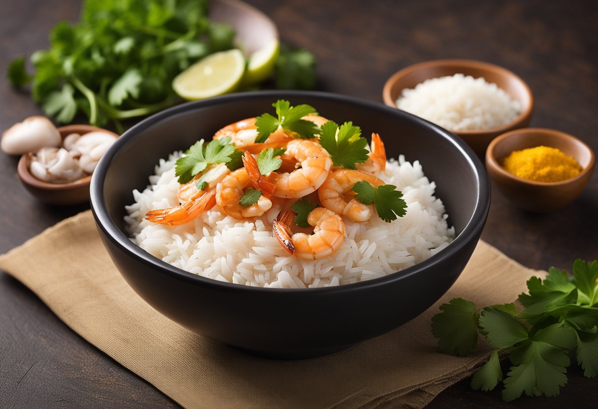 A bowl of prawn masala with a side of rice and a garnish of fresh cilantro, accompanied by a small card displaying the serving size and nutritional information