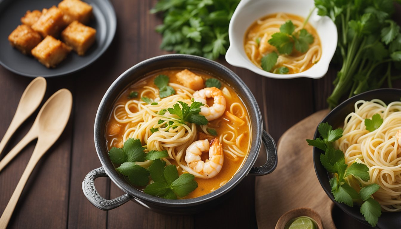 A pot of simmering laksa broth with prawns, noodles, and fresh herbs. A bowl of steaming laksa being served with a side of condiments