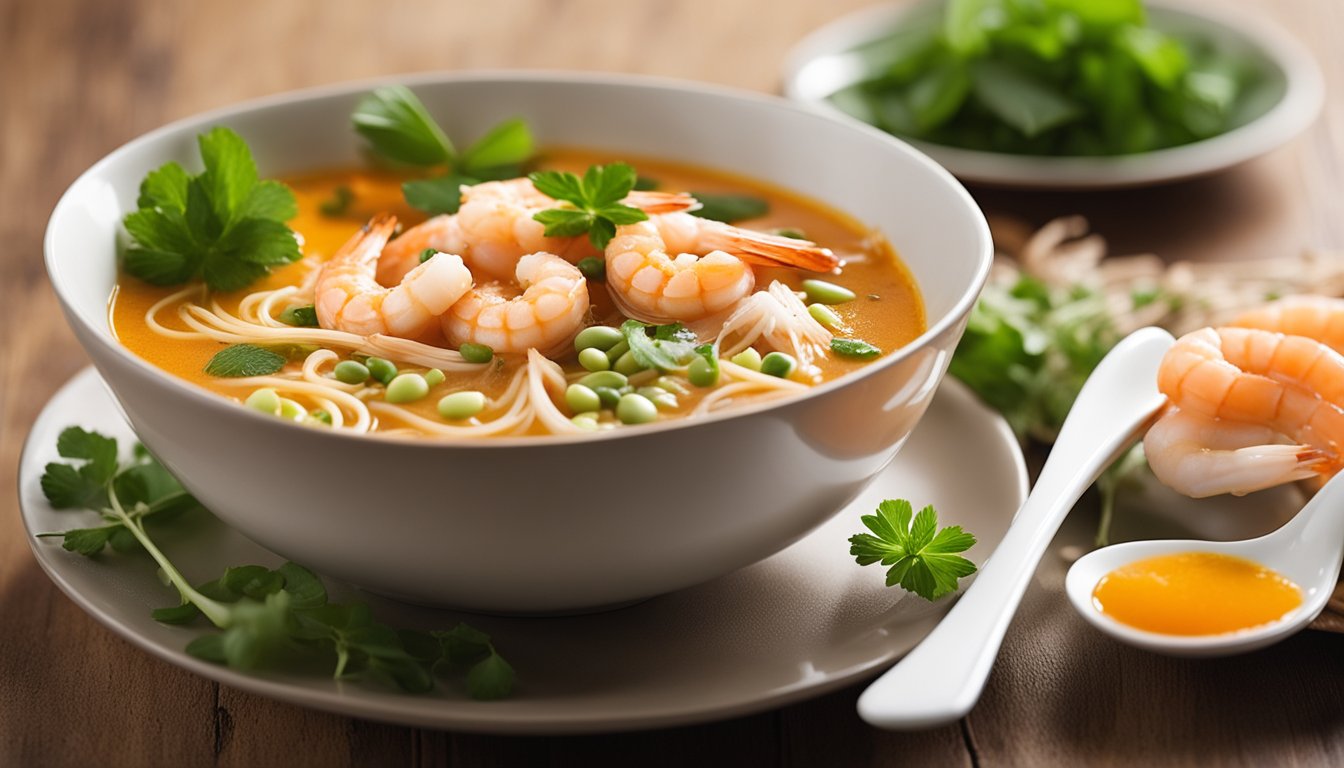 A steaming bowl of prawn laksa with vibrant orange broth, topped with succulent prawns, bean sprouts, and fresh herbs. A spoon rests on the side