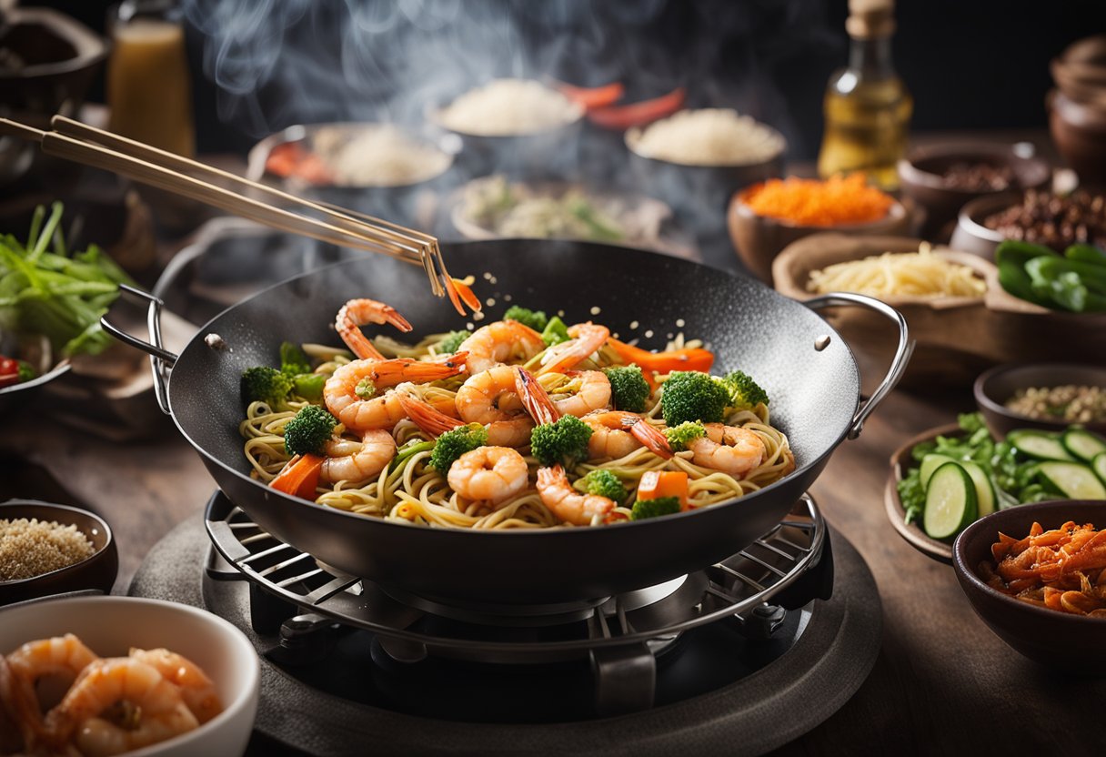 A wok sizzles as prawns, noodles, and vegetables are tossed together with aromatic spices and sauces. A variety of ingredient options are displayed nearby for potential substitutions