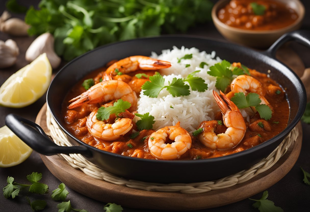 A sizzling pan of prawn masala with aromatic spices and rich tomato sauce, garnished with fresh coriander leaves and served with steaming basmati rice