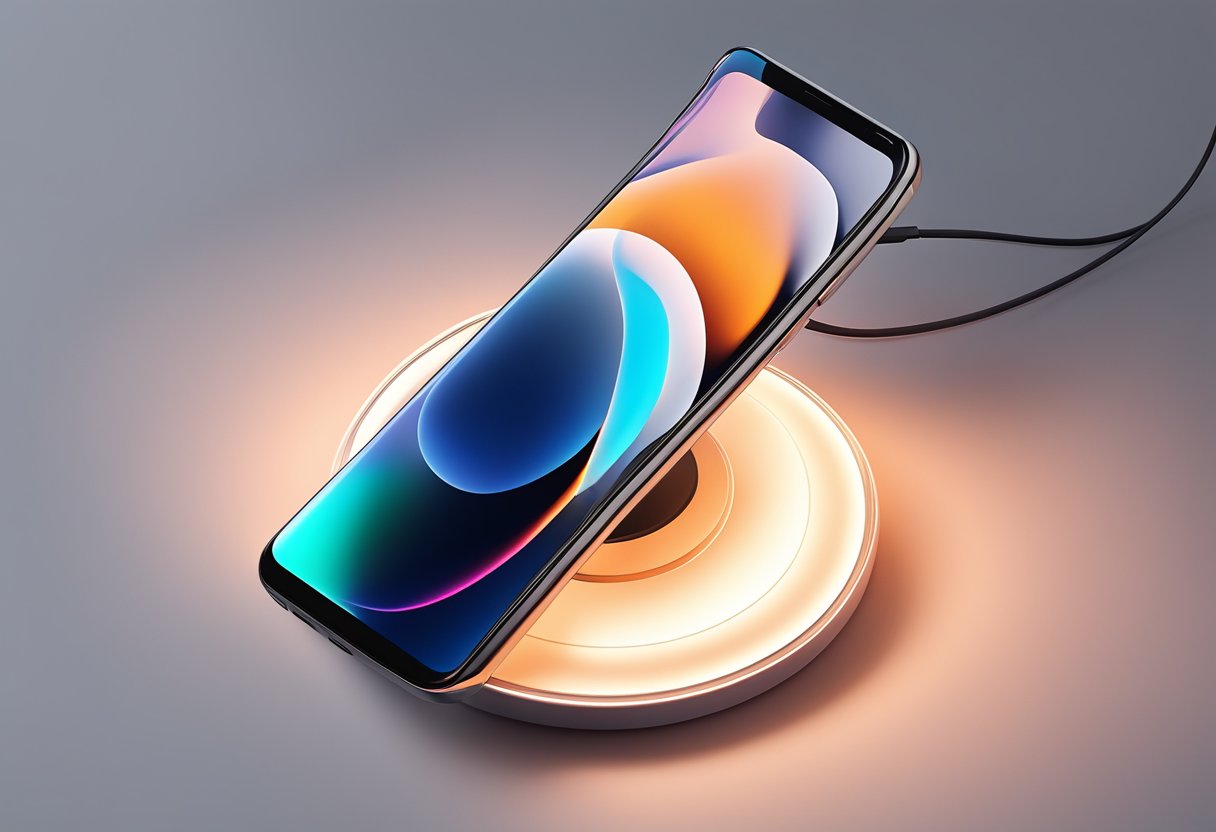 A phone resting on a wireless charger, with a soft glow emanating from the charging pad