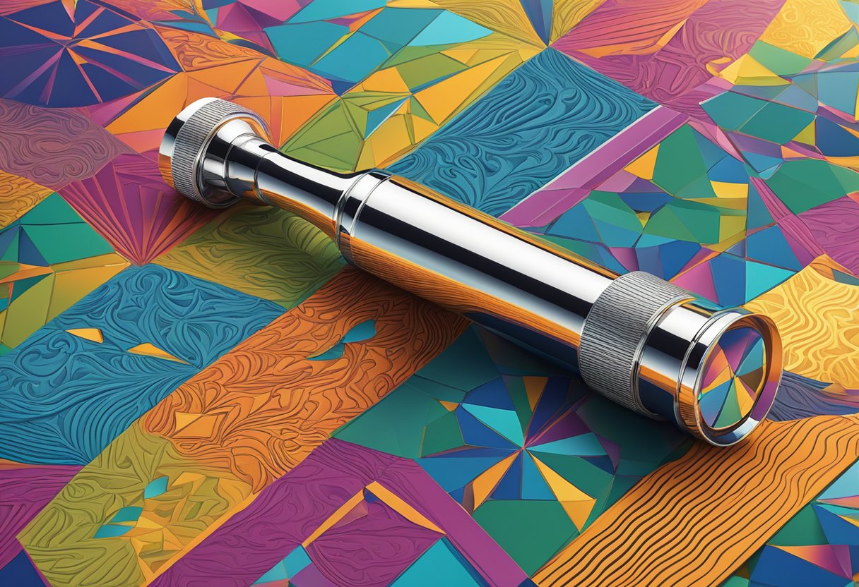 A kaleidoscope corporate gift rests on a sleek, polished desk, catching the light and casting vibrant patterns across the room