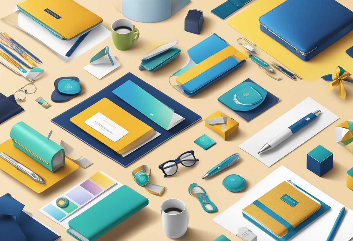 A table displaying a variety of high-quality corporate gifts, including branded items, elegant stationery, and tech gadgets, with a kaleidoscope theme