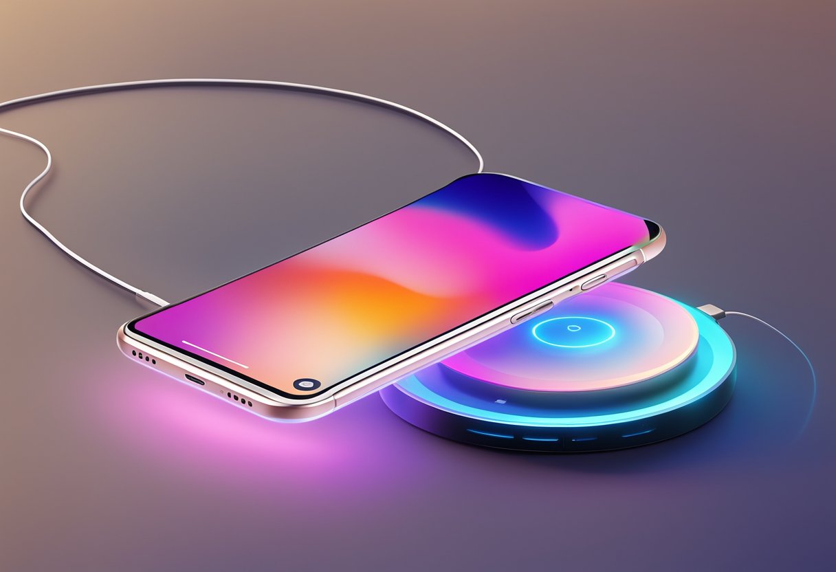 A smartphone sits on a wireless charger, emitting a soft glow as it wirelessly charges. The charger is plugged into a power source, with no cords connecting it to the phone