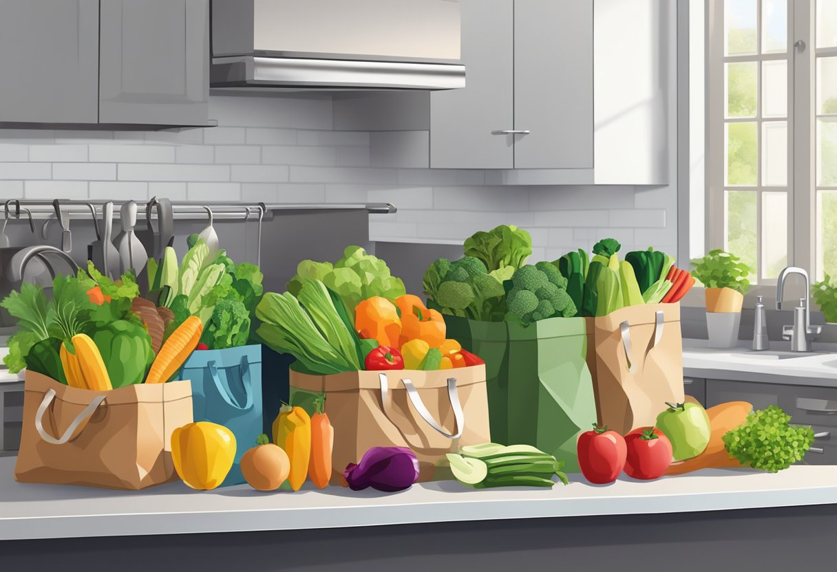 Colorful reusable grocery bags sit on a kitchen counter, filled with fresh produce and pantry items